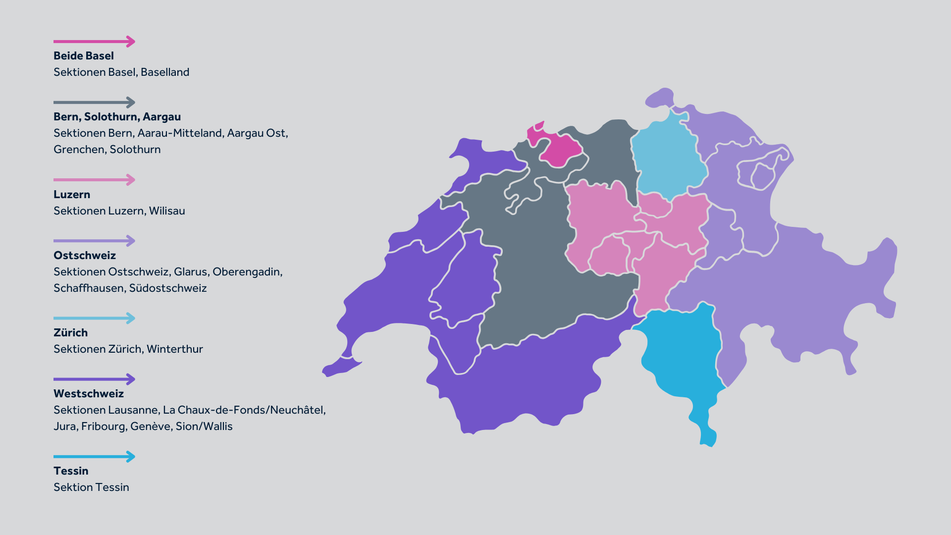 Schweizer Karte mit den Sektionen/Regionen des Kaufmännischen Verbands Schweiz